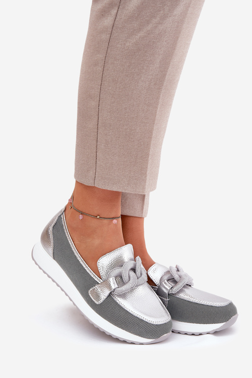 Шкіряні Жіночі Мокасини З Декором D&A LR51-966 Сріблясті