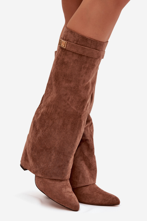 Evo екологічні замшеві чоботи підборах колона з блискавкою підкладкою закручена гомілка темно бежевий Evyra