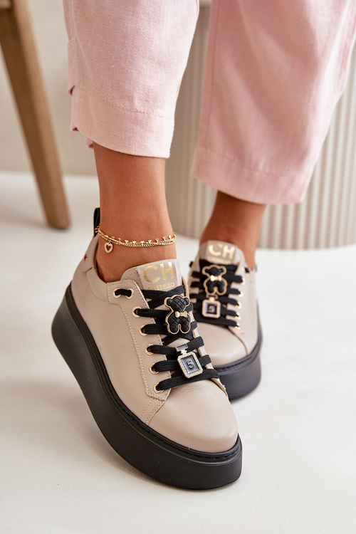 Жіночі шкіряні кросівки зі шпильками на платформі бежеві CheBello 4596