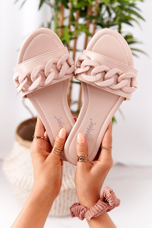 Шкіряні тапочки з ланцюжком Бежеві крок за кроком