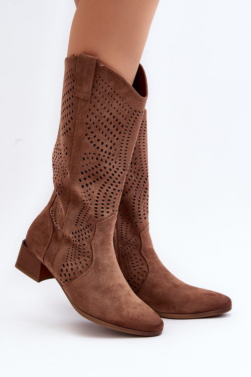 Коричневі ажурні чоботи Walea на низькому каблуці