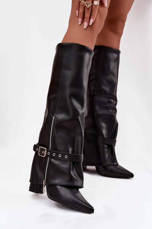Жіночі чоботи на підборах із декоративним ремінцем з екошкіри чорні Jolivine