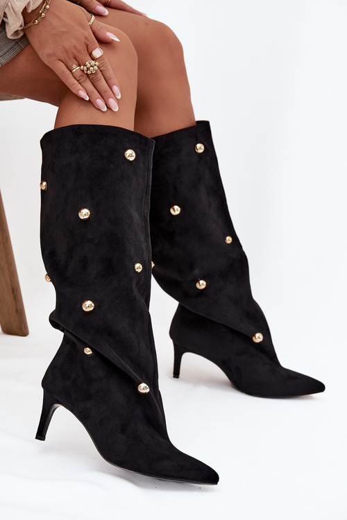 Сліпони жіночі чоботи на підборах із золотими прикрасами Чорні Thaliane