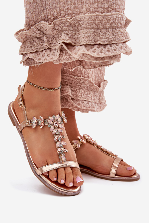 Сандалі Жіночі Плоскі З Кристалами Рожеве Золото Saane