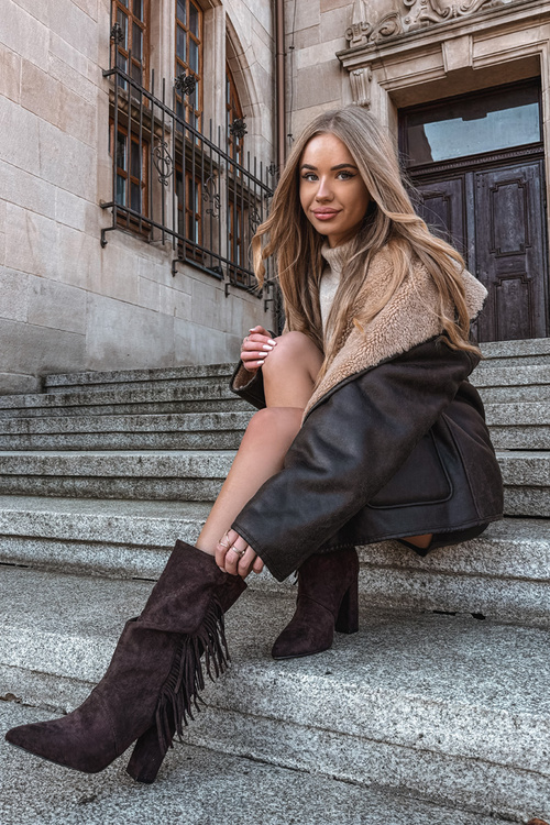 Жіночі чоботи на підборах з бахромою та зібранням Теплий шоколад Darlina