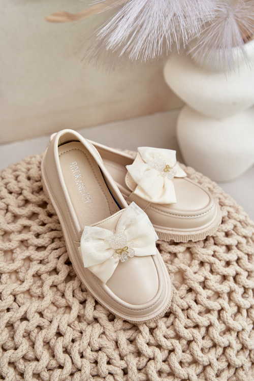 Дівчачі мокасини з бантом з еко шкіри Avallesa бежевого кольору