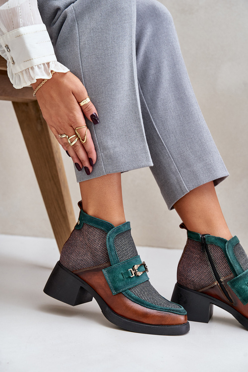 Шкіряні Жіночі Чоботи На Міцному Каблуці З Декором Maciejka 06747-29 Коричнево-зелені