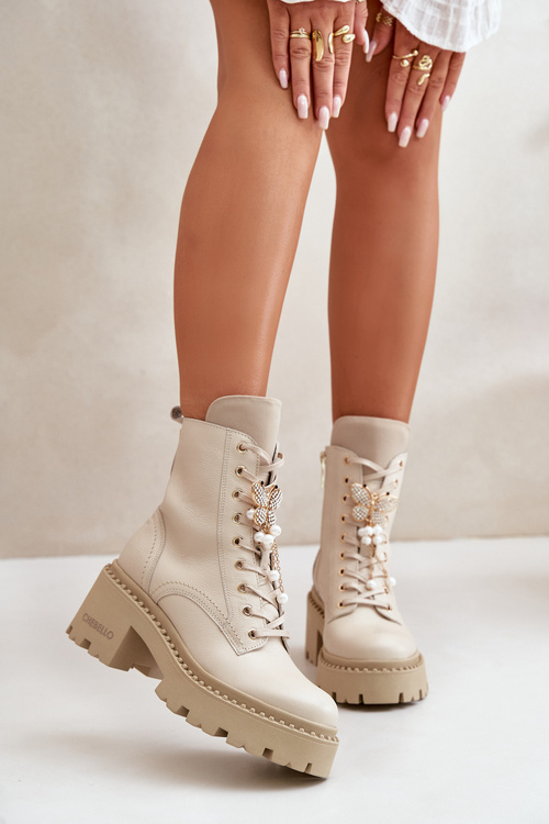 Шкіряні робочі ботильйони жіночі з метеликом, бежевий CheBello 4590