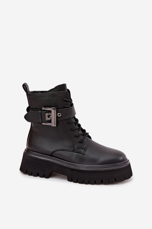 Шкіряні жіночі робочі черевики утеплені з декоративною пряжкою D&A MK52-032 Чорні