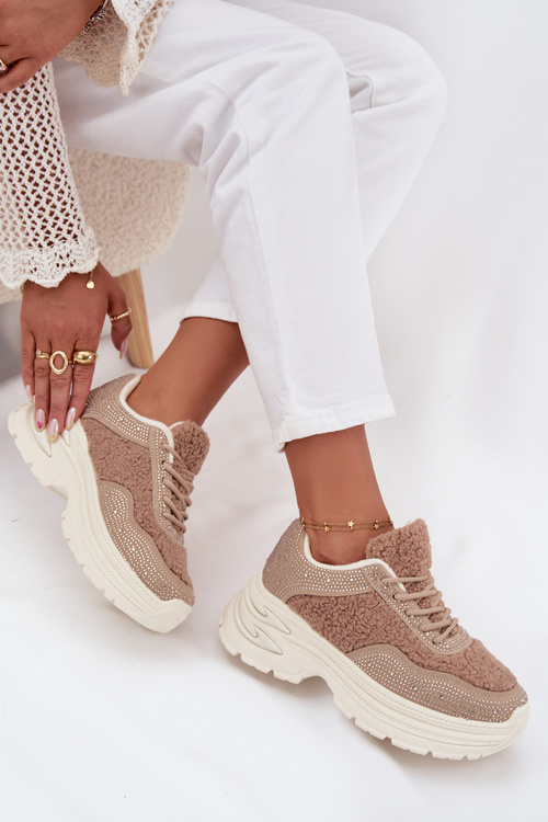 Жіночі Кросівки З Цирконіями І Овечою Шерстю Бежеві Заріка