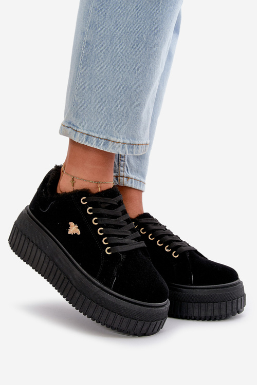 Жіночі утеплені кросівки на масивній підошві з золотистими деталями Чорна лотира