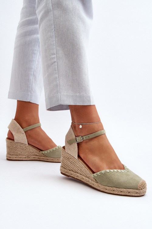 Замшеві босоніжки Еспадрільї на танкетці та плетених деталях Зелений Raylin
