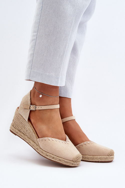 Замшеві босоніжки еспадрільї на танкетці з тканими деталями бежевого кольору Raylin