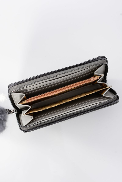 Жіночий великий сірий гаманець з декоративним замком і помпоном