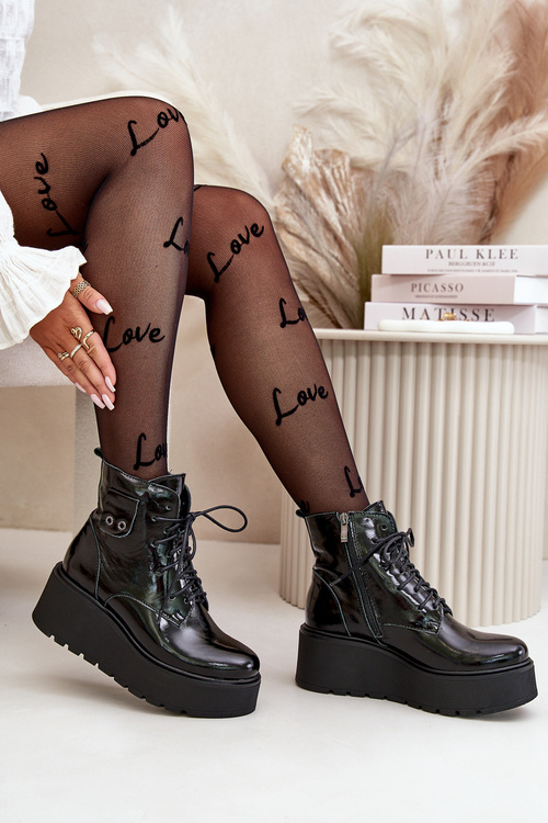 Жіночі лаковані ботильйони Zazoo 60499 на платформі та танкетці утеплені з натуральної шкіри темно-зелені