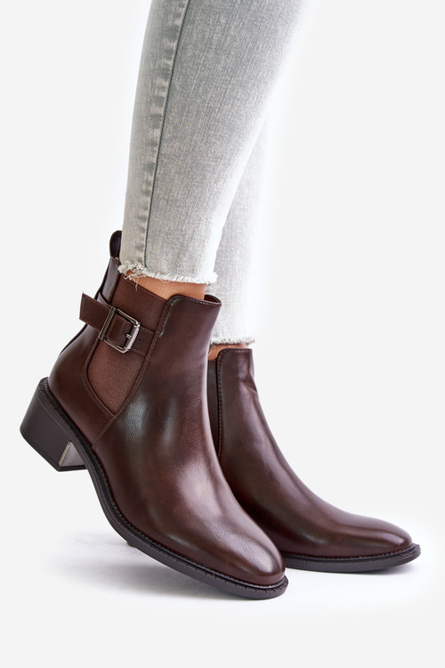 Жіночі ботильйони на низькому каблуці з золотистою пряжкою Коричневий Вомера