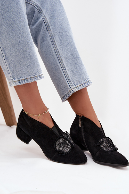 Шкіряні замшеві жіночі черевики на підборах з оздобленням D&A MR52-182 Чорний