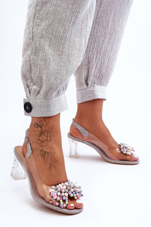 Стильні декоровані босоніжки на підборах сірі SBarski MR1037-23