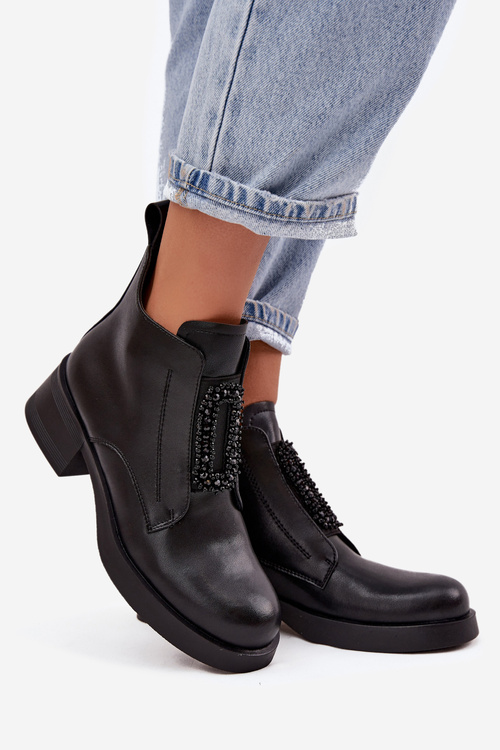 Шкіряні жіночі ботильйони на каблуці з оздобленням D і JC52-869 Чорні