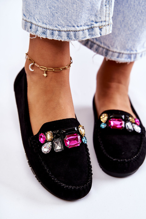 Жіночі замшеві лофери з декором чорні Janetta