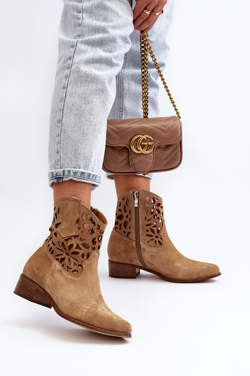 Ковбойські ботильйони на шнурівці на низькому замшевому каблуці Zazoo 3404 Beige