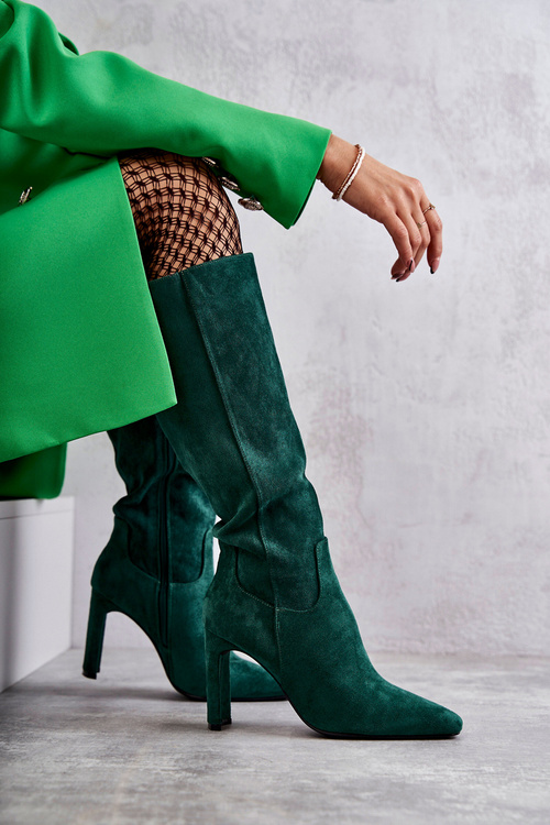 Чоботи жіночі на каблуці до коліна темно-зелені Truly Love