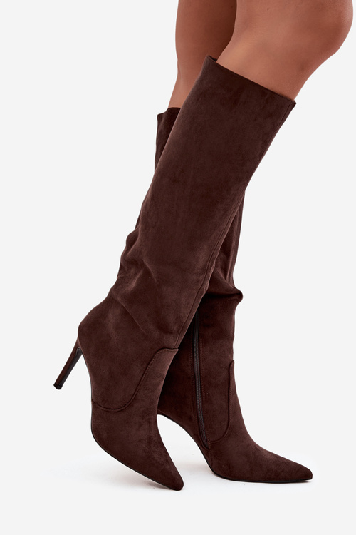 Теплі жіночі чоботи на підборах із еко замші шоколадні Rosavine