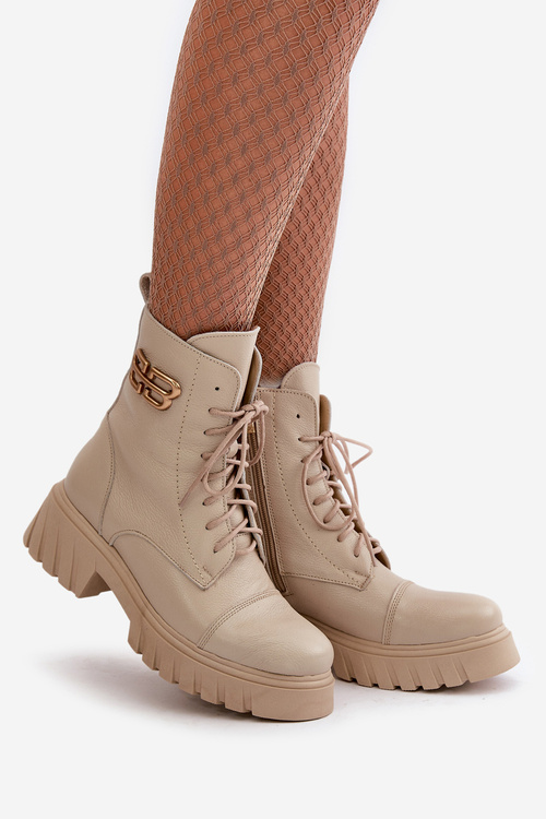 Zazoo 60486 Шкіряні ботильйони Робочі утеплені із золотими деталями світло-бежеві
