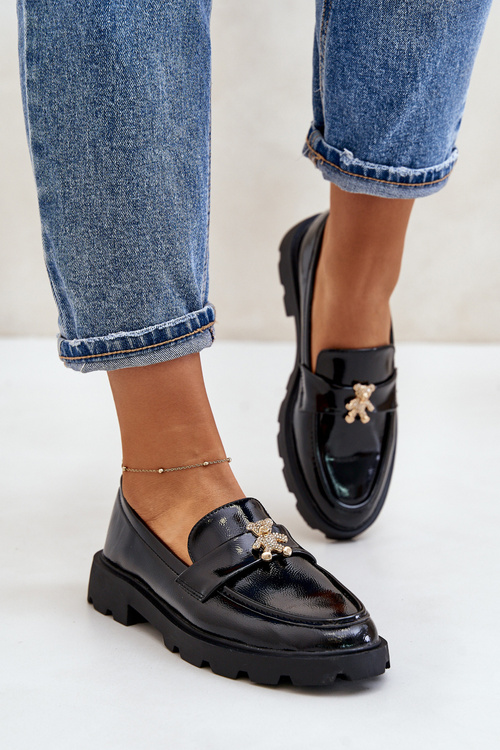 Лаковані жіночі мокасини з ведмедиком Чорна Кайтра