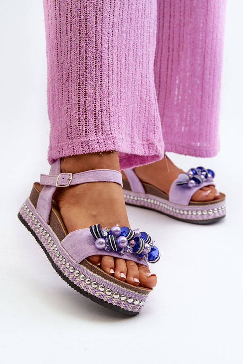 Жіночі босоніжки на танкетці та платформі з декором S.Barski HY056 Фіолетовий