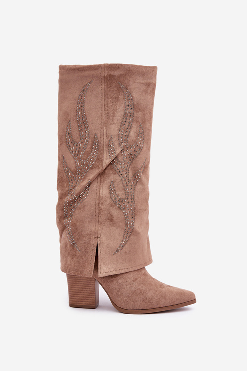 Прикрашені Чоботи З Загнутим Чолом На Каблуці Темно-бежеві Івілта