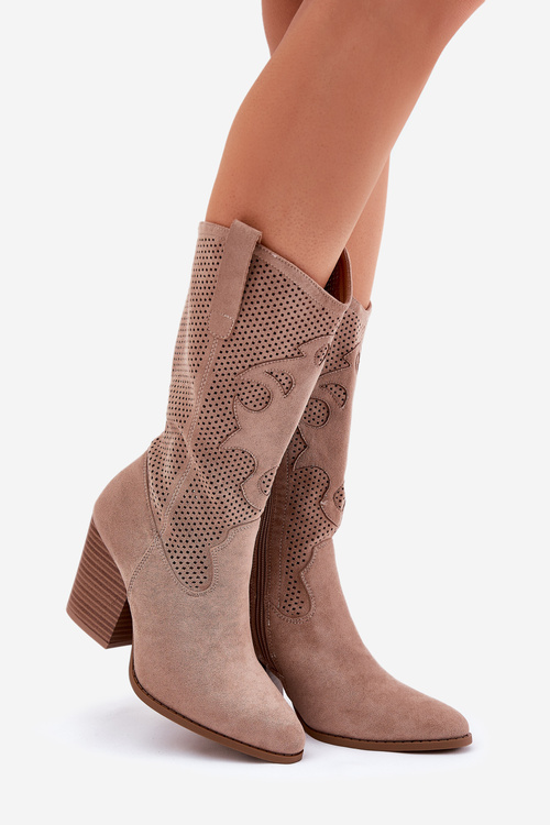 Перфоровані Ковбойські Чоботи На Каблуку Бежеві S.Barski HY51-606