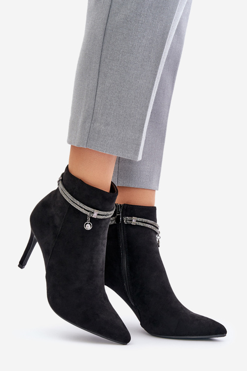 Чоботи на підборах з декоративним ремінцем Eco Suede Vinceza 16469 Чорні