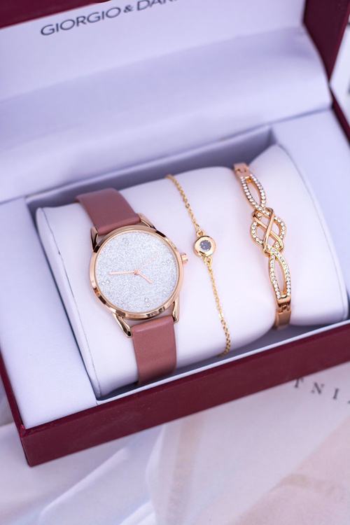 Жіночий набір Пудрово-рожевий годинник Giorgio Dario з двома браслетами з парчі