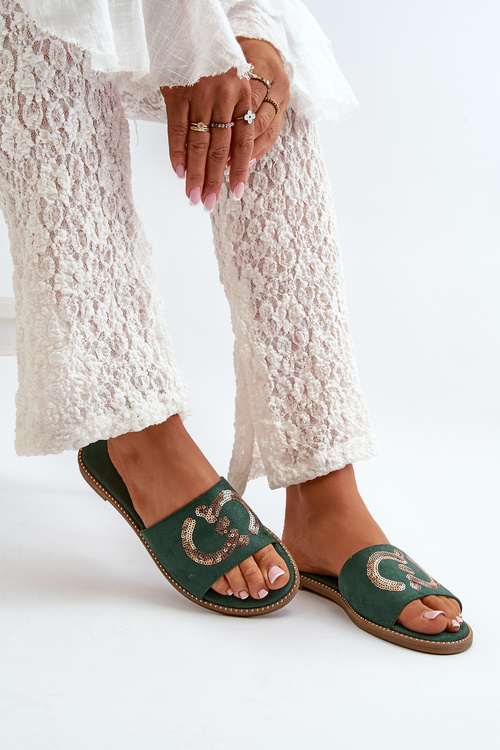 Жіночі шльопанці на плоскій підошві з паєтками S.Barski KV27-052 Зелений