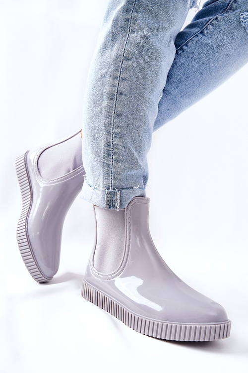 Блискучі гумові чоботи калоші на платформі сірий водоспад