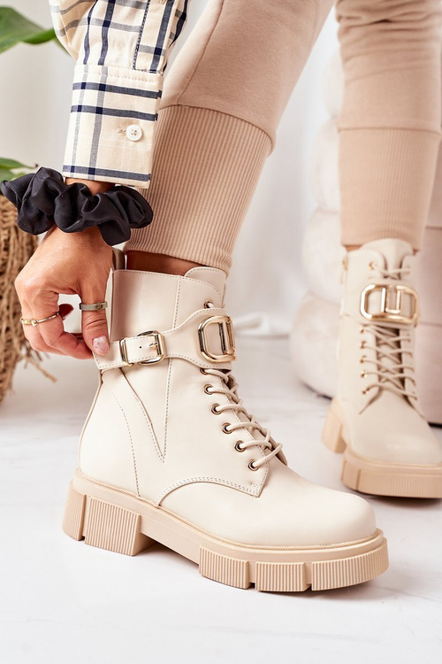 Утеплені чоботи із золотою пряжкою бежеві Maybelle