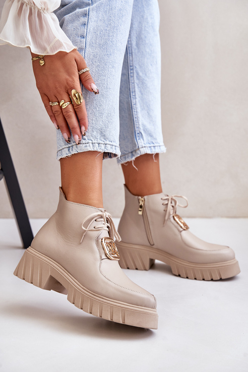 Бежеві шкіряні ботильйони Zazoo 2952 із золотистим декором