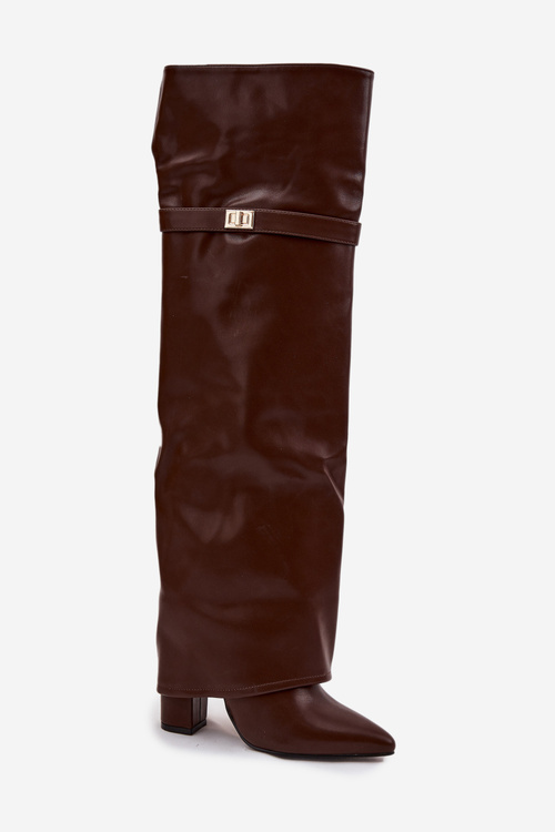 Теплі чоботи з підвернутим верхом над коліном каблук блок коричневі Serelle