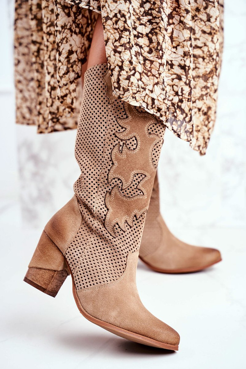 Жіночі чоботи на високому каблуці шкіряні бежеві високі Rosemary