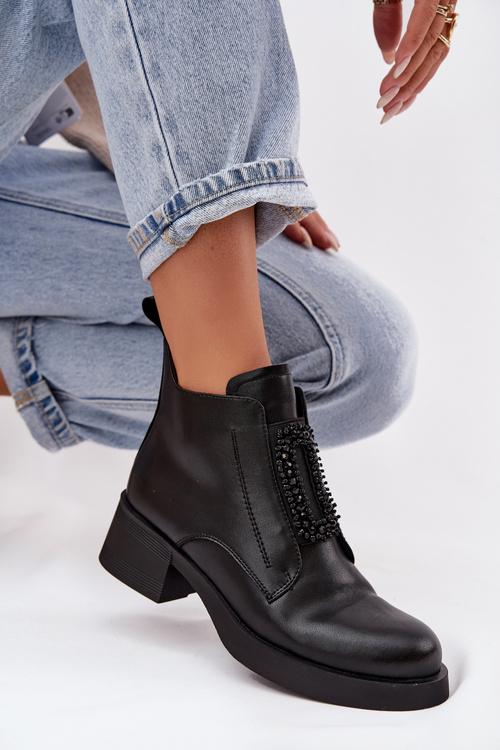 Шкіряні жіночі ботильйони на каблуці з оздобленням D і JC52-869 Чорні