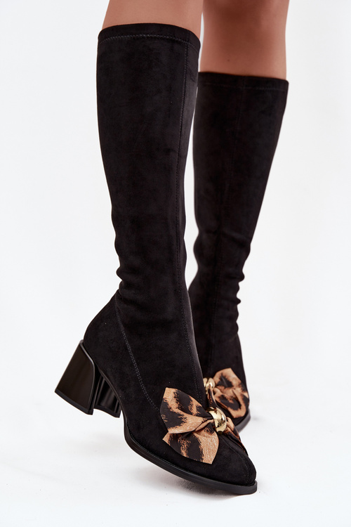 Жіночі чоботи на каблуці з декоративним бантом D&A JC52-828 Чорні