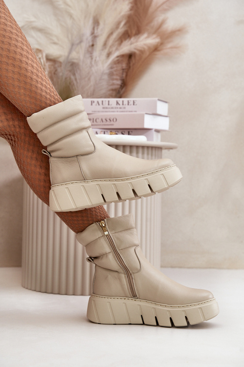 Zazoo 60512 Жіночі шкіряні ботильйони на блискавці, утеплені фетром, світло-бежеві
