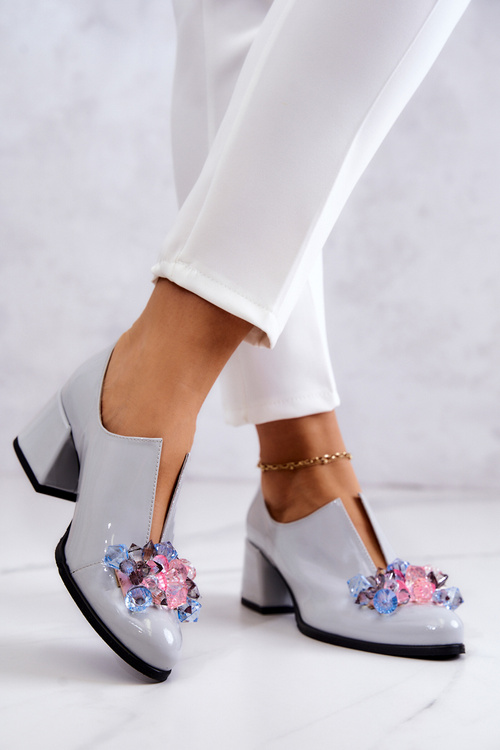 Лаковані шкіряні гладкі туфлі з декором сірий Delaver