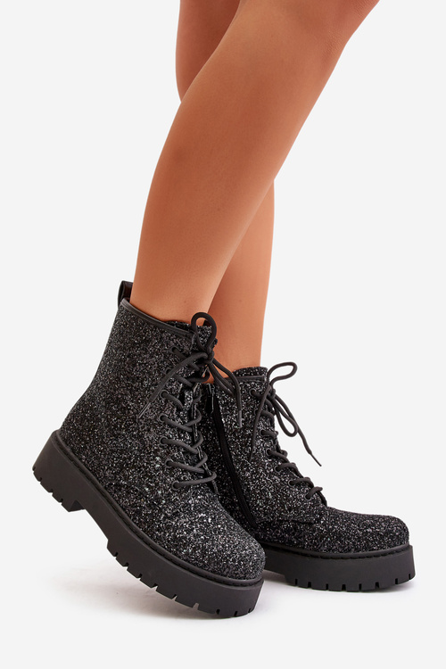 Жіночі робочі черевики утеплені, прикрашені паєтками чорного ліатеїну