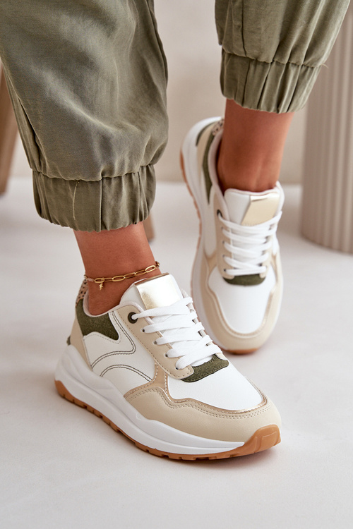 Жіночі кросівки на платформі з еко шкіри Issatta бежево-зеленого кольору