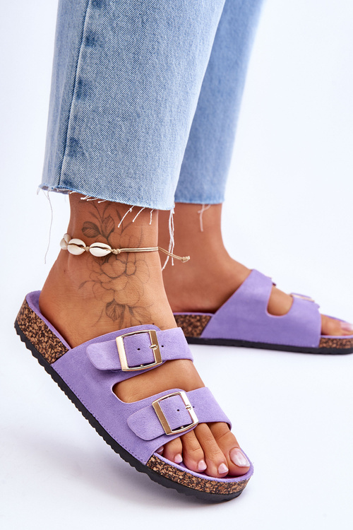 Жіночі босоніжки на корковій платформі з смужками Фіолетові Doretta