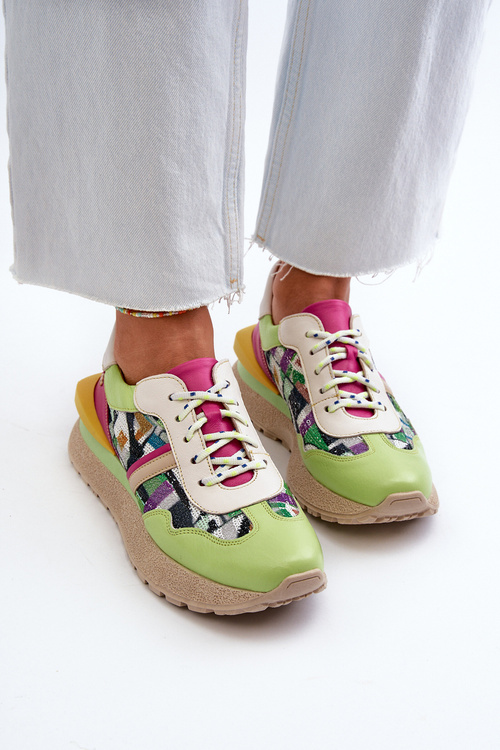 Жіночі шкіряні кросівки на платформі Maciejka 06322-09 Зелено-рожеві
