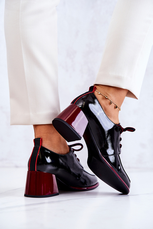 Лаковані туфлі на зав'язках на стовпчику чорно-червоні Esmera
