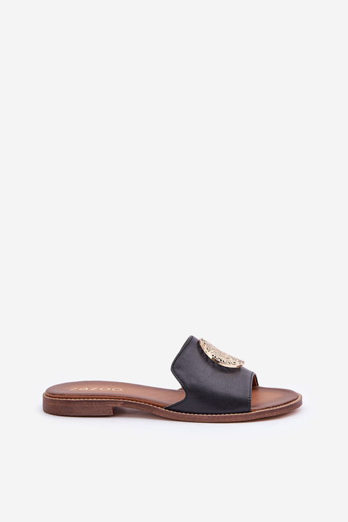 Шкіряні Сандалі З Декорацією На Плоскому Каблуці Zazoo 3047/O Чорні